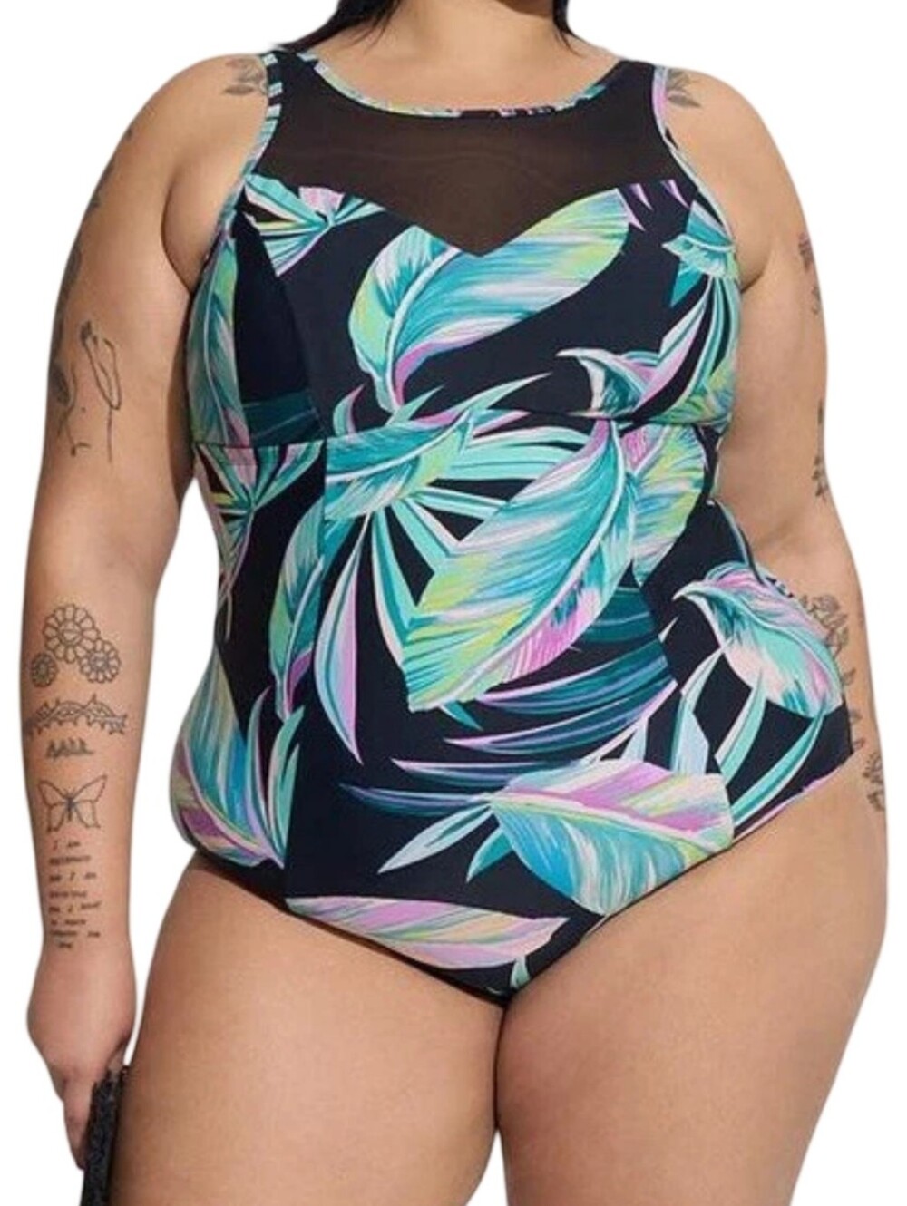 torrid Black One-Piece Swimsuit with Teal & Pink Tropical Leaves
